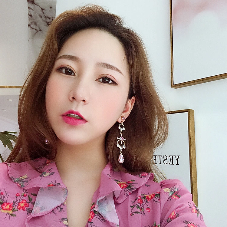New 925 silver needle baroque style pink drop earrings