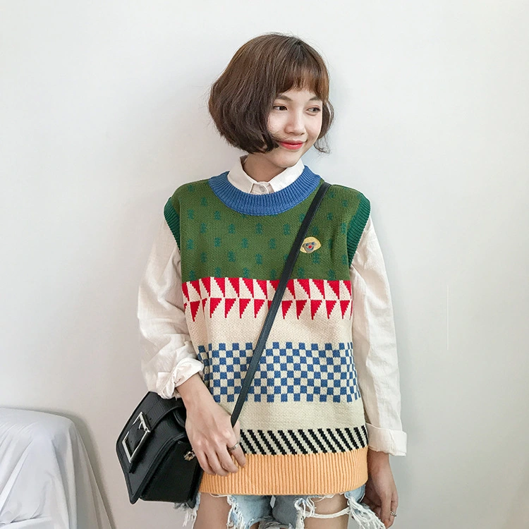 Contrast wool vest vest female sleeve round neck