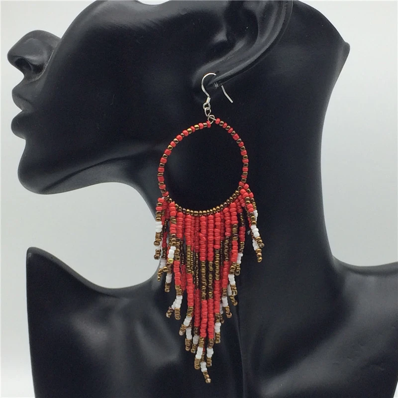 Ethnic Style Ring Rice Beads Exaggerated Fashion Earrings