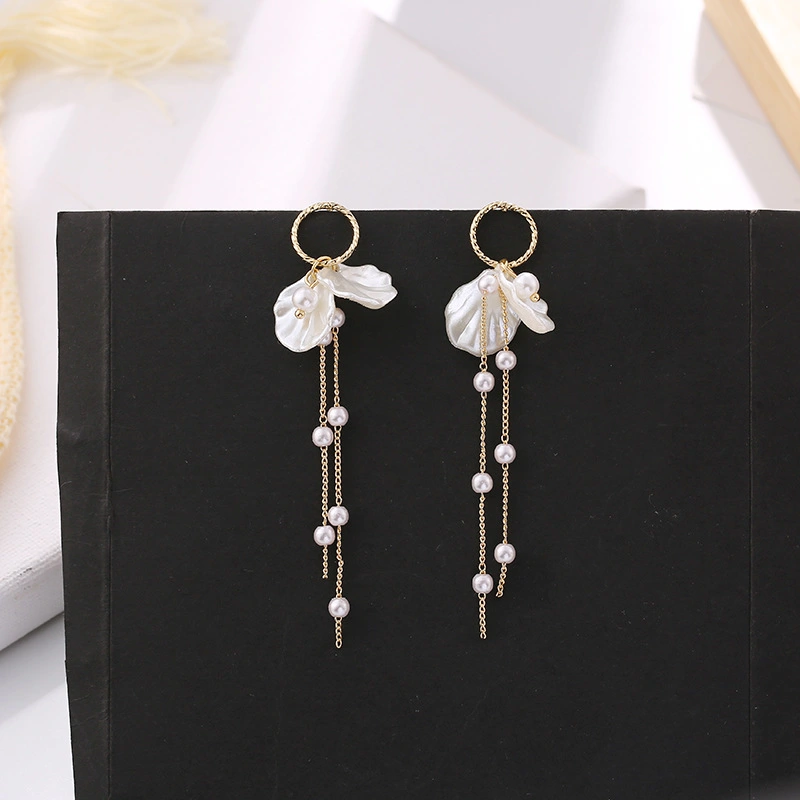 Pearl Petal Long Fringe Stud Earrings