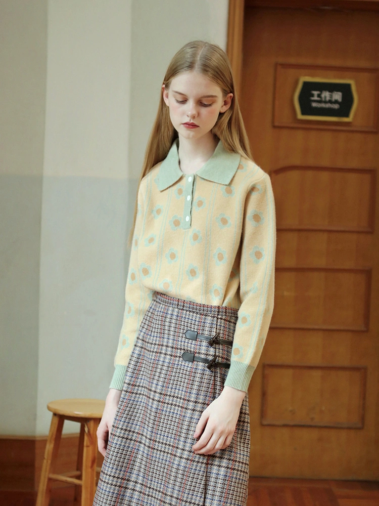French girl childlike jacquard polo collar long sleeve sweater sweater