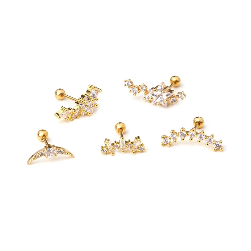 Pierced Stainless Steel Thin Rod Zircon Screw Earrings