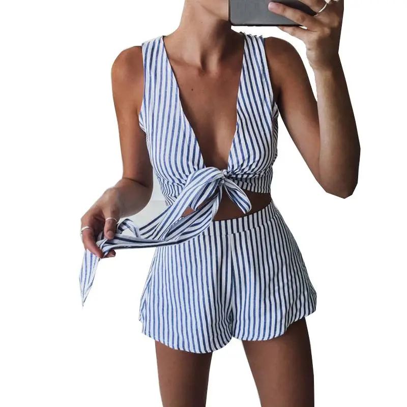 Sexy European and American style swimming wading bikini swimsuit Deep V knotted striped female one-piece swimsuit