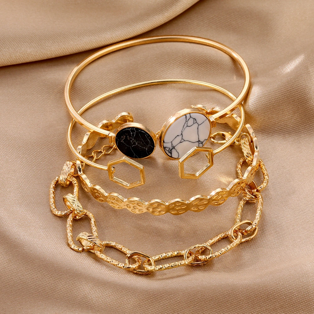 Marble Geometric Chain Alloy Bracelet Set 4 Pieces