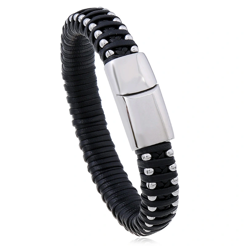 Hand-woven Titanium Steel Magnet Buckle Leather Bracelet