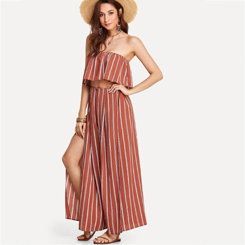Striped Tube Top With Split Pants Suit Off the Shoulder Strapless Casual Two Piece Set
