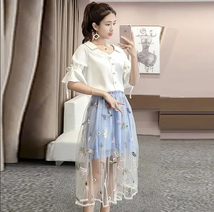Literary and port flavor retro shirt gauze skirt