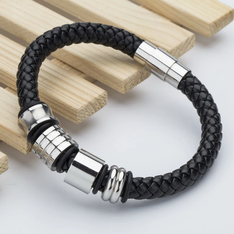 Stainless Steel Magnetic Buckle Bracelet Braided Leather Rope Titanium Steel Bracelet