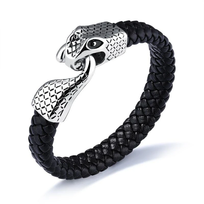 Men's stainless steel snake buckle leather bracelet