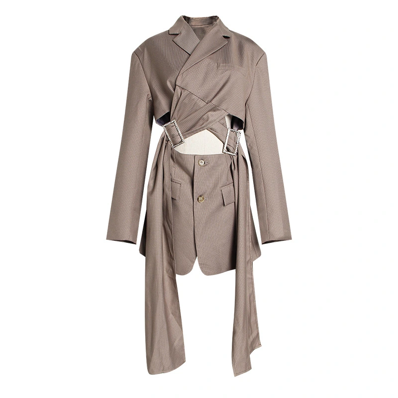 Wide shoulder plaid waist buckle with long fake two-piece suit