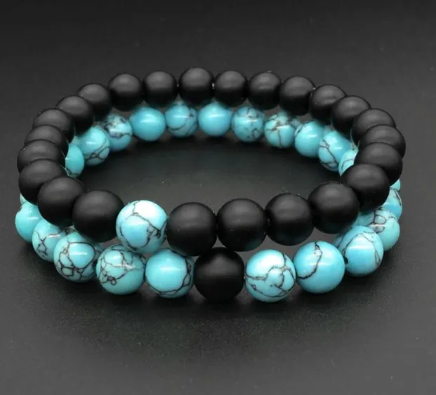 Frosted Shilan Turquoise 8mm Set Couple Bracelet