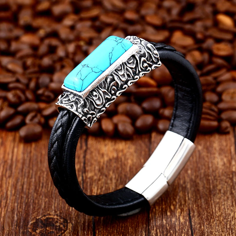 Titanium steel carved leather bracelet