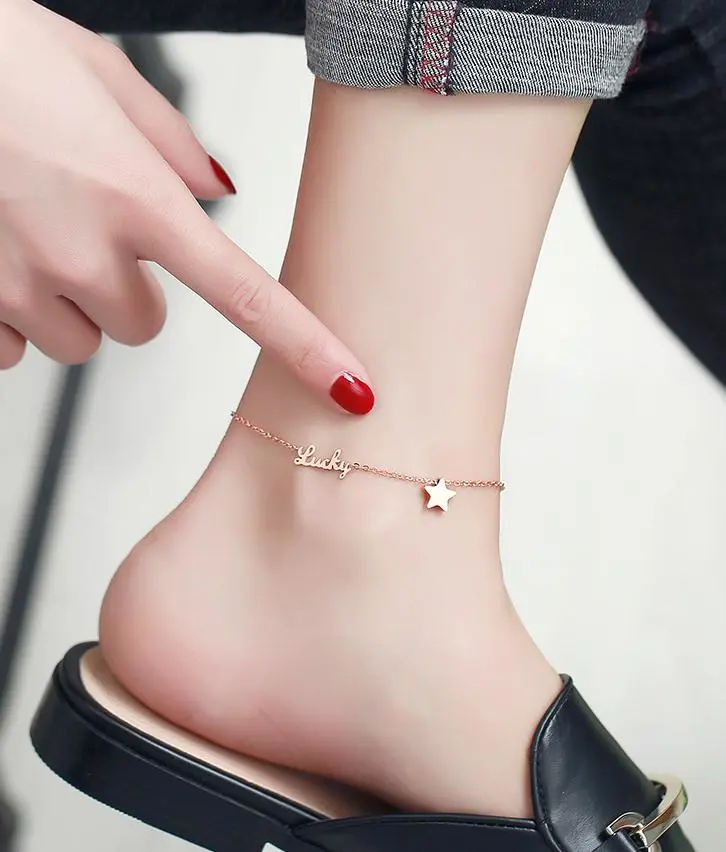 Rose Gold Color Anklet Lucky Star Chain for Woman Jewelry 316 L Titanium Steel Valentine Gift Never Fade Top Quality