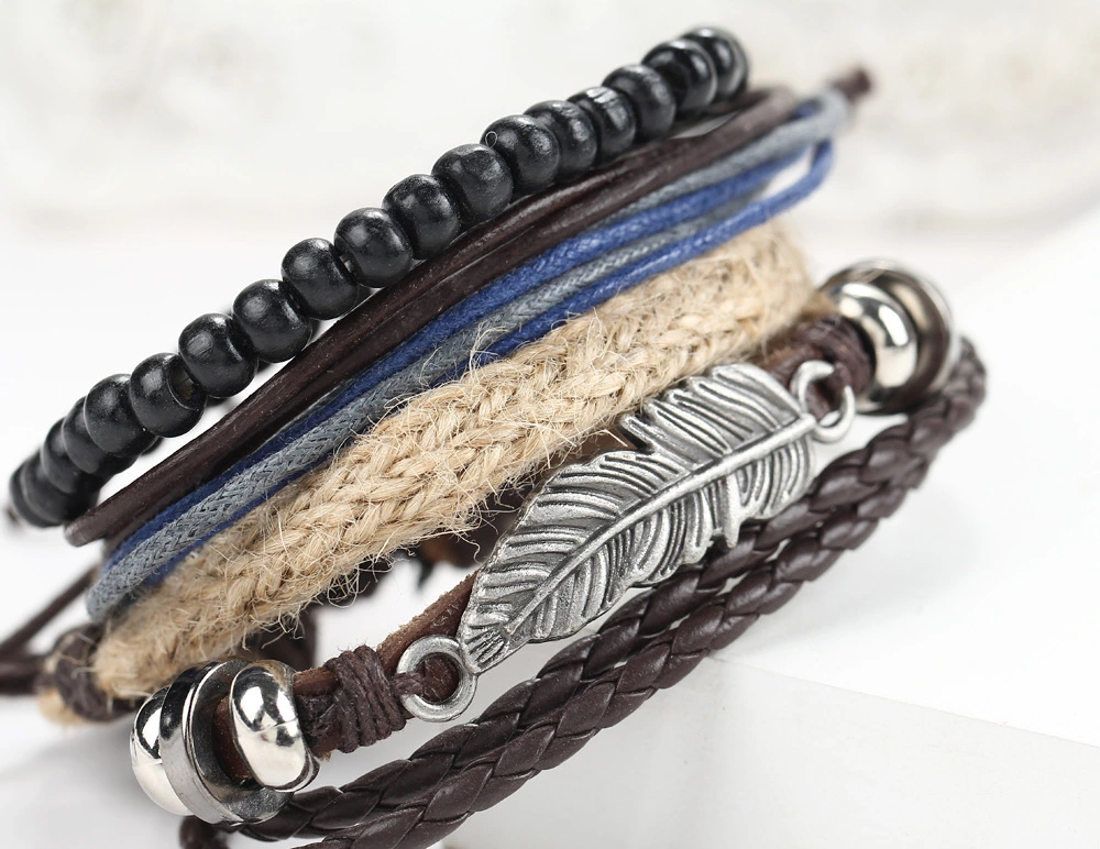 New Angel Wing Feather Alloy Multilayer Wood Bead Weaving Beaded Wax Rope Bracelet Star with Bracelet Jewelry