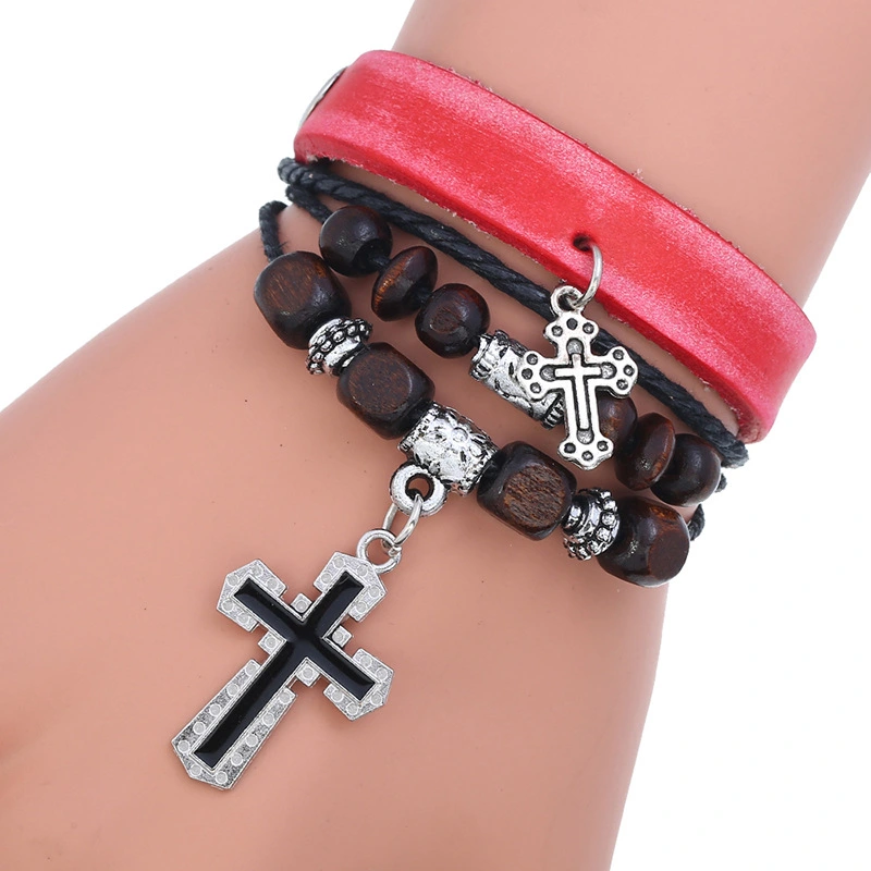 Beaded cross leather bracelet