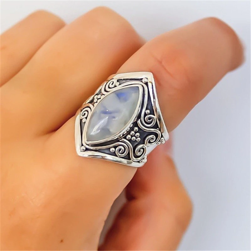 European and American retro Thai silver moon stone ring punk wind exaggerated martial arts accessories