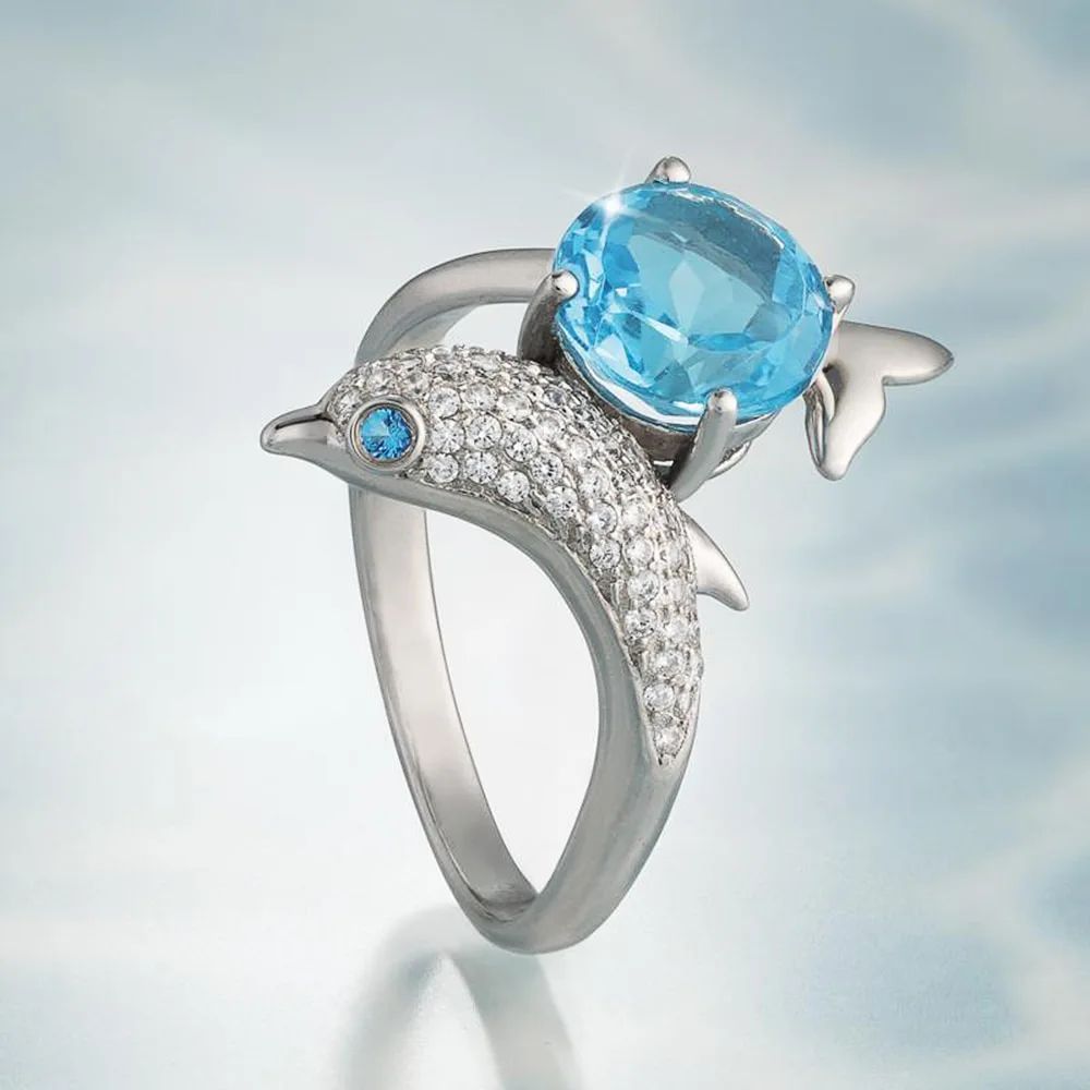 Shiny Dolphin Shaped Women's Ring with Royal Blue Zircon