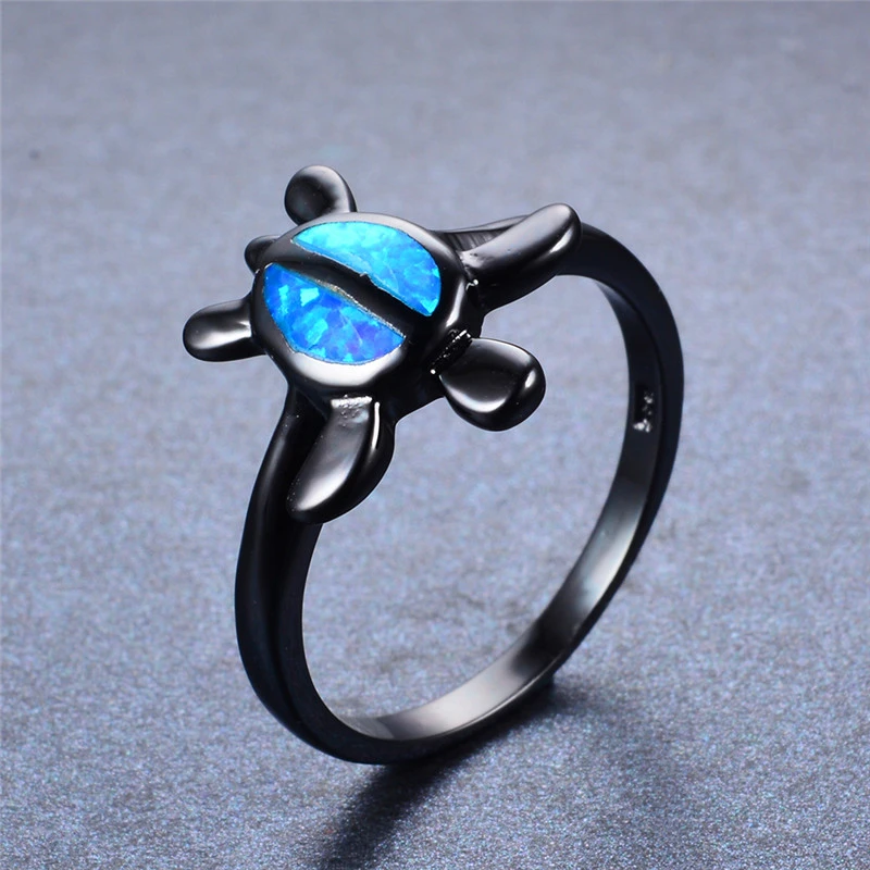 Black gold big tortoise oval blue zircon ring