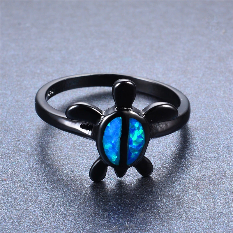 Black gold big tortoise oval blue zircon ring