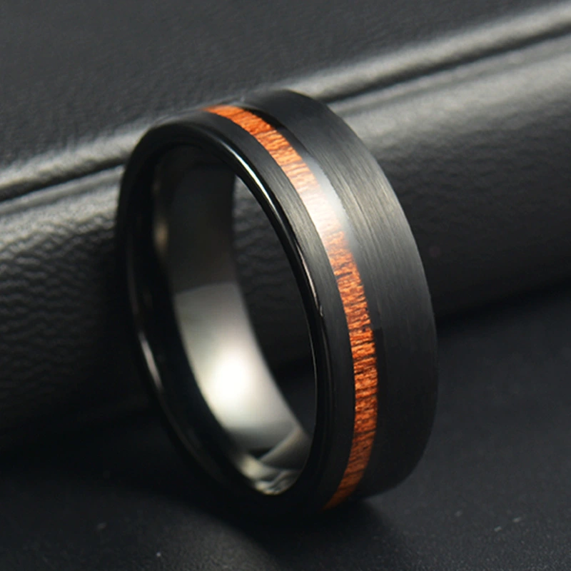 Stainless steel vintage rosewood acacia wood ring