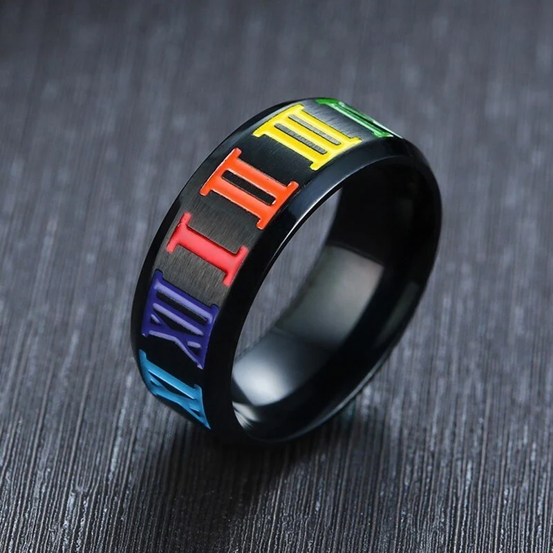 Titanium steel Roman numeral rainbow ring