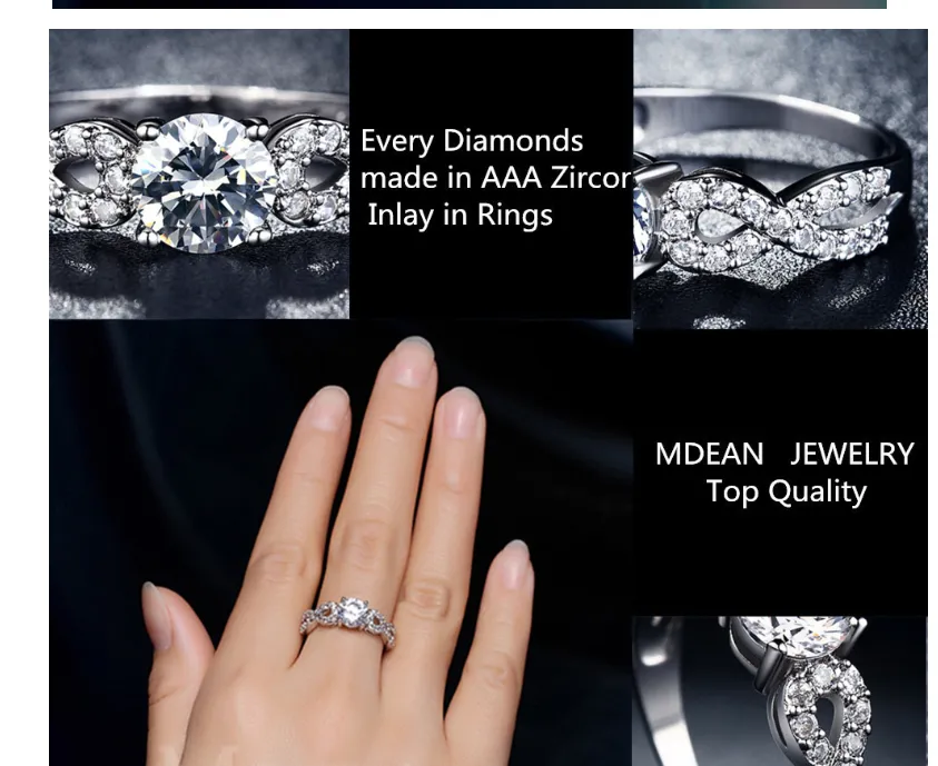 MDEAN fashion personality ladies dresses high quality inlaid zircon vintage white gold ring MSR099