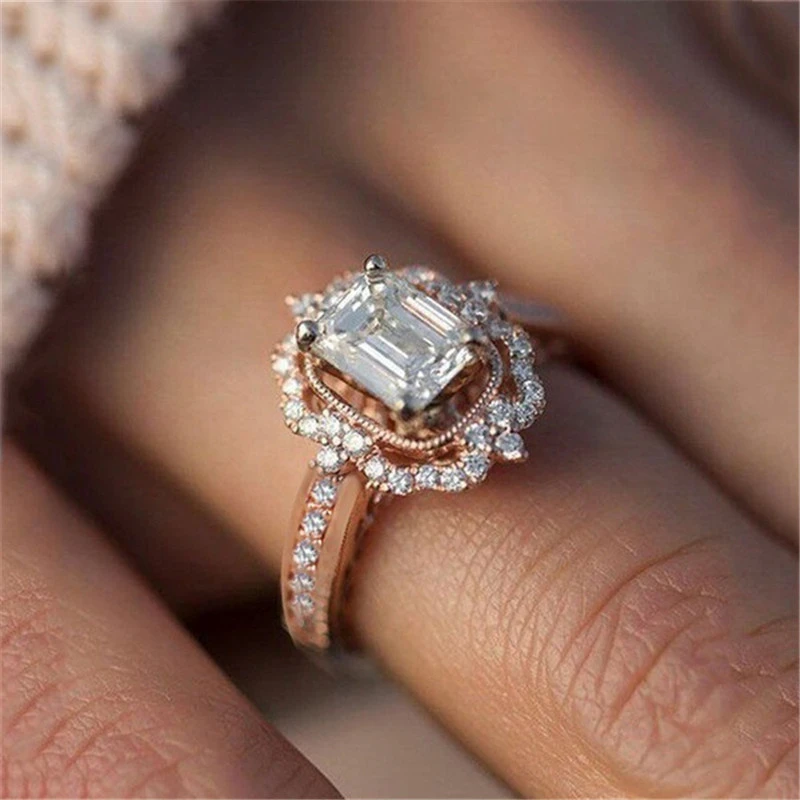 New rose gold-plated zircon square diamond princess ring European and American fashion engagement female jewelry