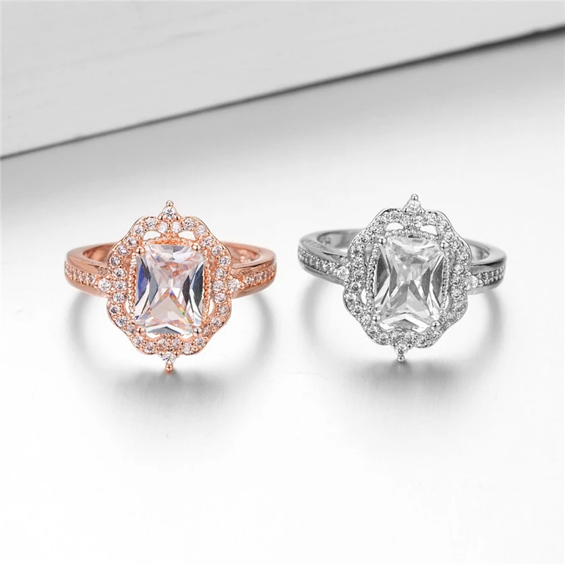 New rose gold-plated zircon square diamond princess ring European and American fashion engagement female jewelry