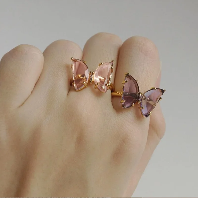 Female crystal glass butterfly ring