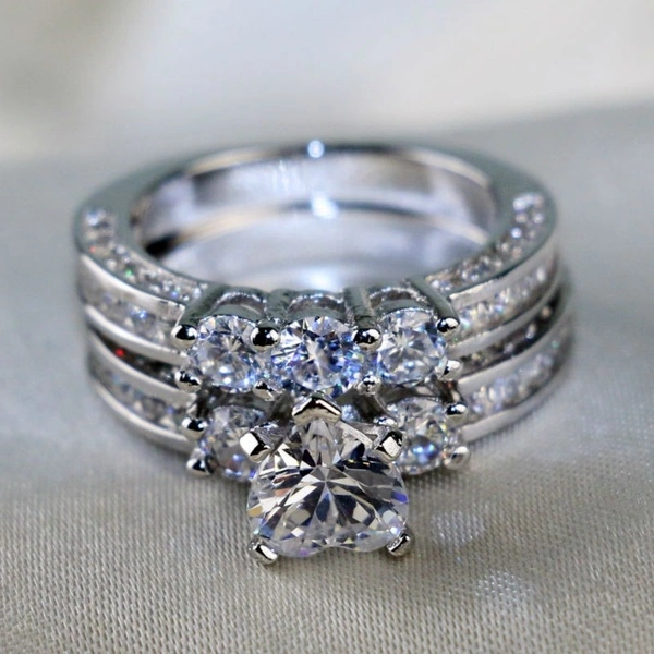 Coktail Ring S925 Silver 1ct Heart Shape AAA Zircon Three-Stone Round CZ Women's Wedding Ring  Sets GIfts Sz 6-9