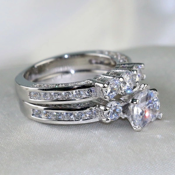 Coktail Ring S925 Silver 1ct Heart Shape AAA Zircon Three-Stone Round CZ Women's Wedding Ring  Sets GIfts Sz 6-9