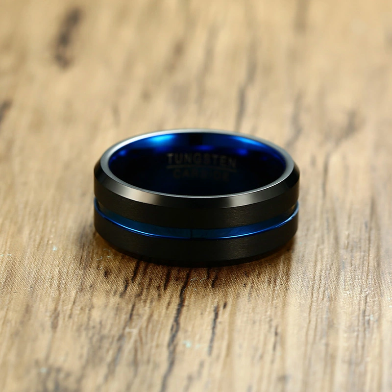 Classic Two-tone Tungsten Steel Ring Blue Tungsten Gold Men's Ring in Lasha Groove