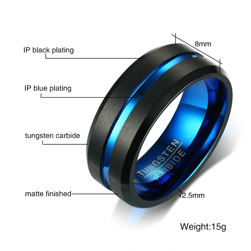 Classic Two-tone Tungsten Steel Ring Blue Tungsten Gold Men's Ring in Lasha Groove