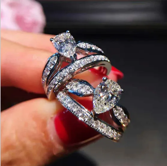 Bao female models simulation shaped diamond ring drop-shaped micro-inlaid new double crown ring