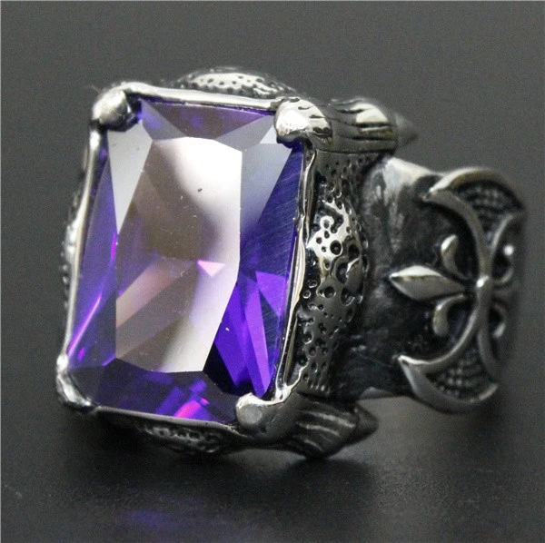 Top Quality Biker Ring Cool Polishing Black Red Purple Stone Anchor Ring 316L Stainless Steel Top Quality Biker Anchor Ring