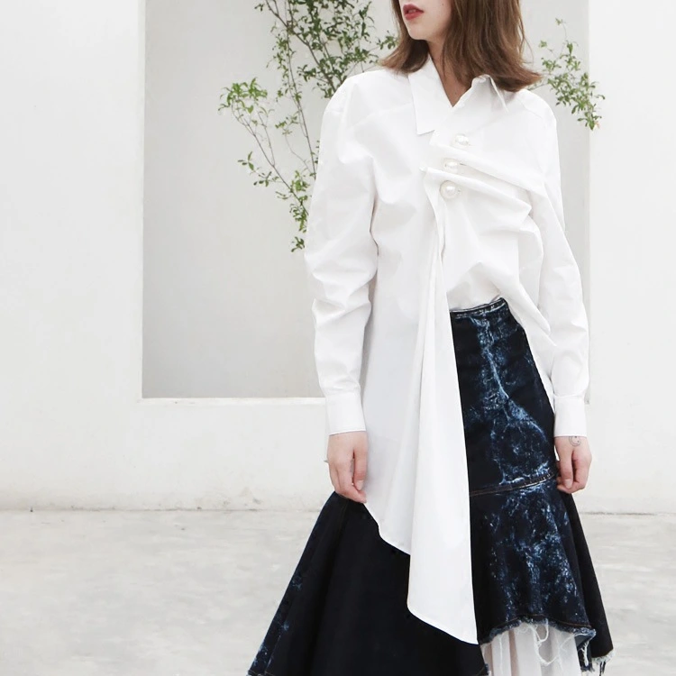Spring and Summer 2021 New Women''s Dresses Self-made Small Popular Style Two Wear Big Pearl Fold Shirt Women 2 Colour into 459