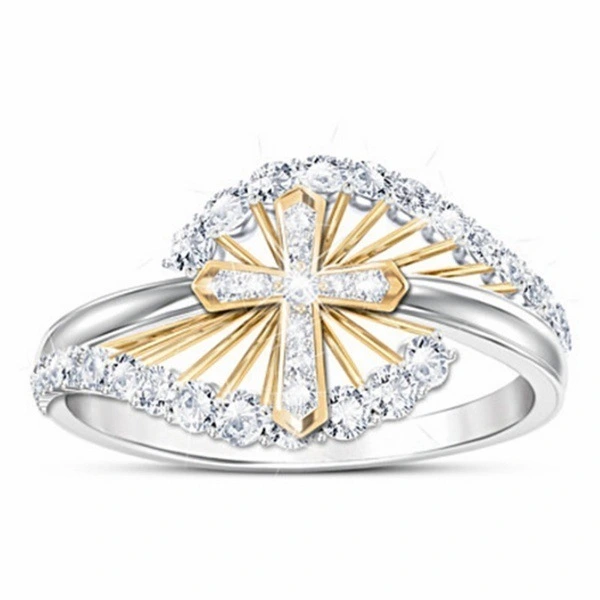 Two-tone ring with diamond cross ring