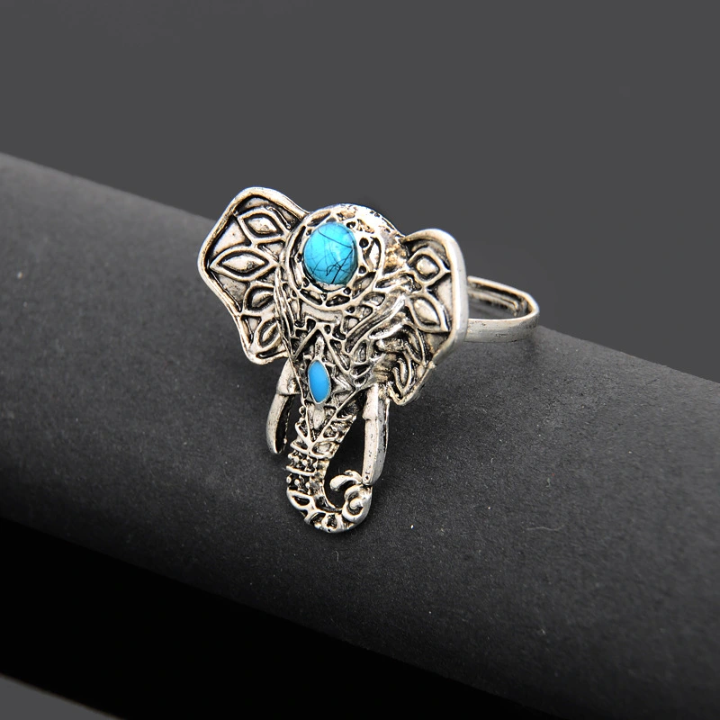 Amazon Europe and the United States retro new turquoise elephant head ring personality fashion wild joint ring accessories