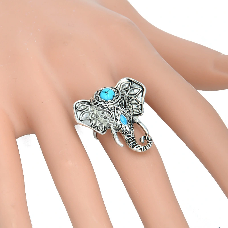 Zinc Europe and the United States retro new turquoise elephant head ring personality fashion wild joint ring accessories