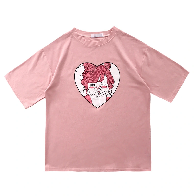 Cute cartoon girl print summer pink slim wild round neck short-sleeved T-shirt