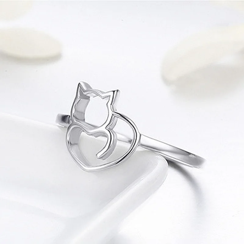 Nouveau Style Argent Couleur Vilain Petit Chat et Coeur Anneau pour Femmes Bijoux Taille 6-9