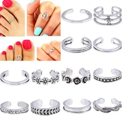 12PCs/set Women Lady Unique Adjustable Opening Finger Ring Retro Carved Toe Ring Foot Beach Foot Jewelry