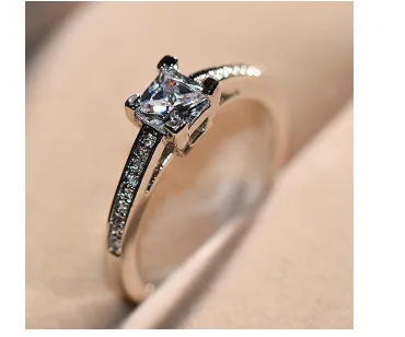 Square Diamond Princess Ring Four-claw Female Simulation Diamond Wedding Simple Japanese and Korean Fashion Diamond Ring Zircon Ring