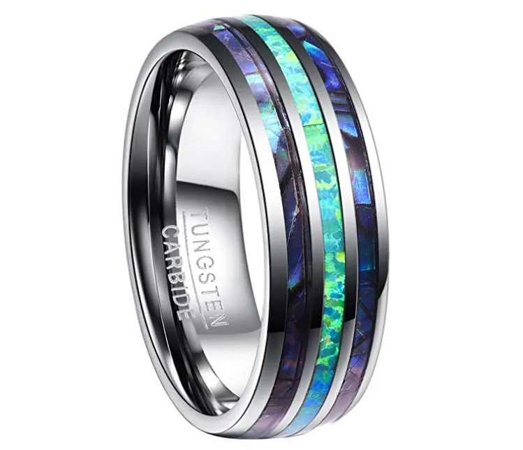 Nuncad 8mm Tungsten Caibide Wedding Ring Band Abalone Shell And Synthetic Opal For Men And Women