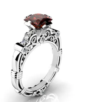 Copper silver plated square diamond zircon hollow scroll pattern ring