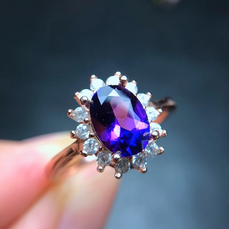 925 Silver Natural Amethyst Ring Classic Daisy Style Adjustable Live