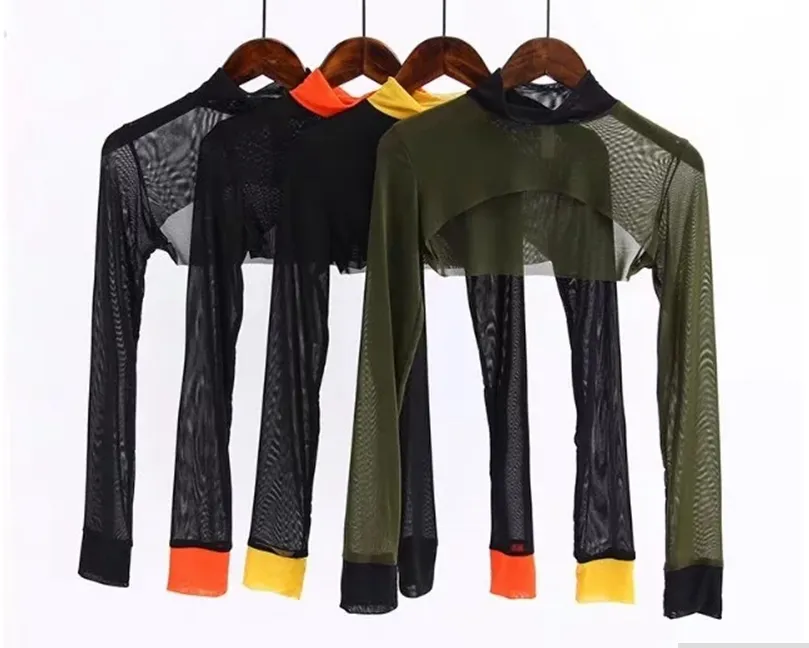 2021 spring and summer European and American style women's new AliExpress Zinc semi-high collar contrast color embroidery mesh long-sleeved blouse