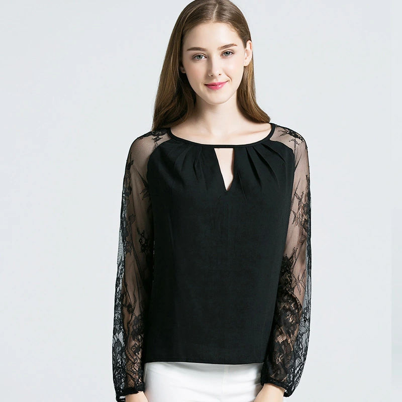 Cross-border special for new hollow-out long-sleeved T-shirt, lace crocheted round-necked T-shirt, women''s T-shirt, European and American loose bottom shirt