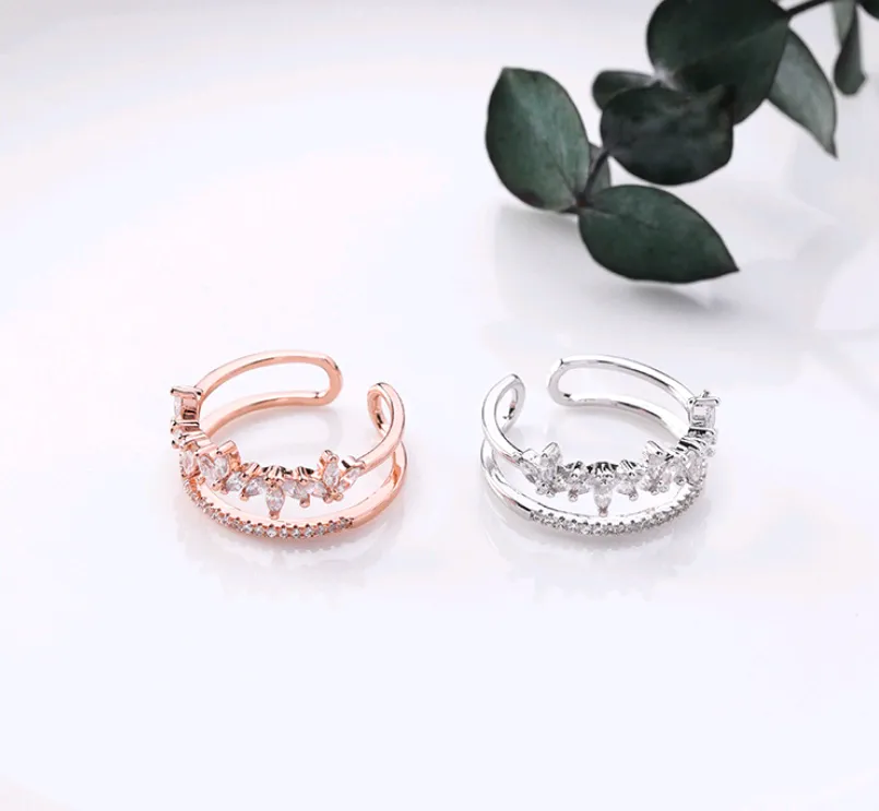 Micro-inlaid zircon leaf double-layer ring female personality full drill broken diamond drop superimposed ring