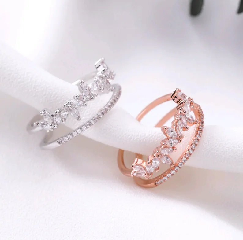 Micro-inlaid zircon leaf double-layer ring female personality full drill broken diamond drop superimposed ring